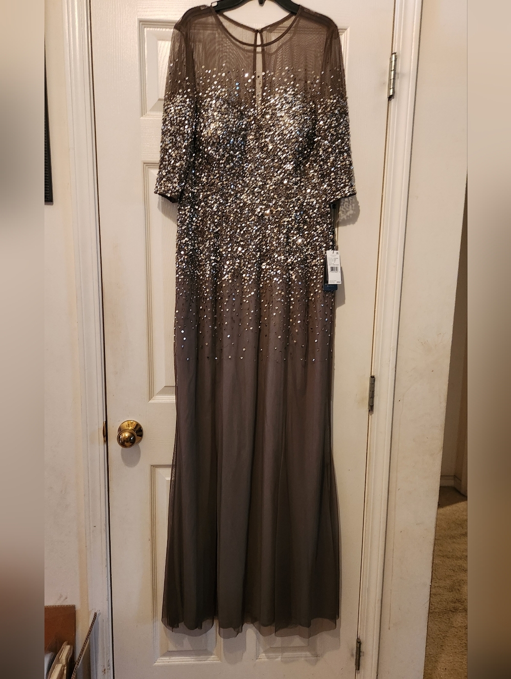 Embellished Taupe Evening Gown with Sheer Bodice